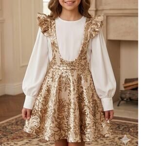 Sz 7 MIA JOY JOYFOLIE Romy Ivory Gold Floral  Pattern Sequin Ruffle Jumper Dress